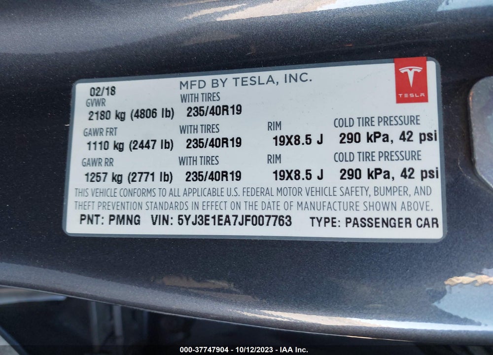 2018 TESLA MODEL 3 MID RANGE/LONG RANGE VIN: 5YJ3E1EA7JF007763