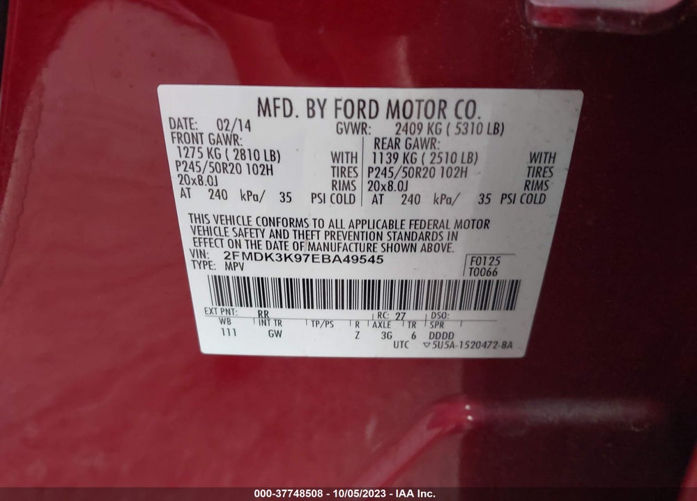 2014 FORD EDGE LIMITED VIN: 2FMDK3K97EBA49545