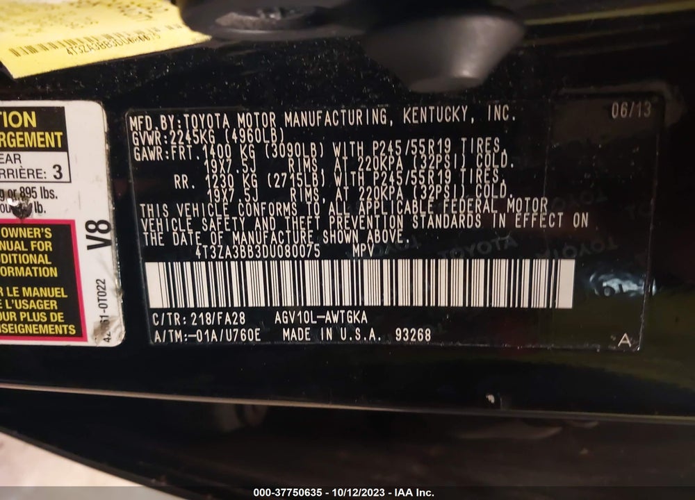 2013 TOYOTA VENZA LE VIN: 4T3ZA3BB3DU080075