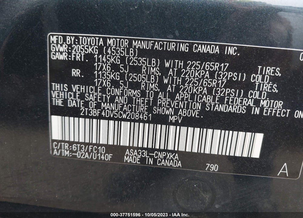 2012 TOYOTA RAV4 VIN: 2T3BF4DV5CW208461