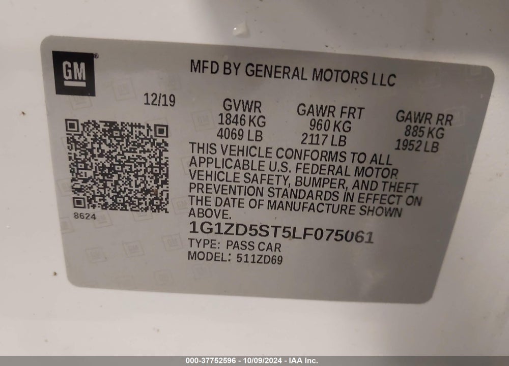 2020 CHEVROLET MALIBU FWD LT VIN: 1G1ZD5ST5LF075061