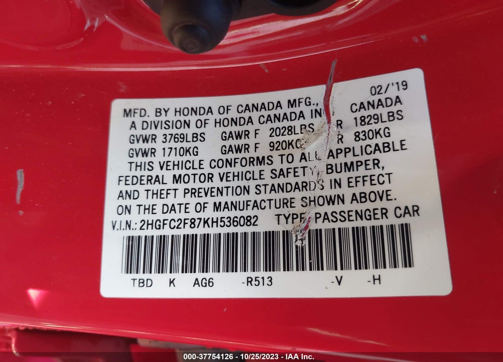 2019 HONDA CIVIC SPORT VIN: 2HGFC2F87KH536082
