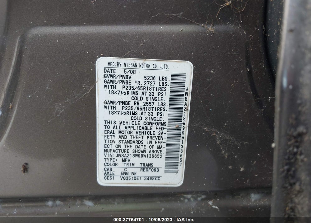 2009 NISSAN MURANO SL VIN: JN8AZ18W99W136652