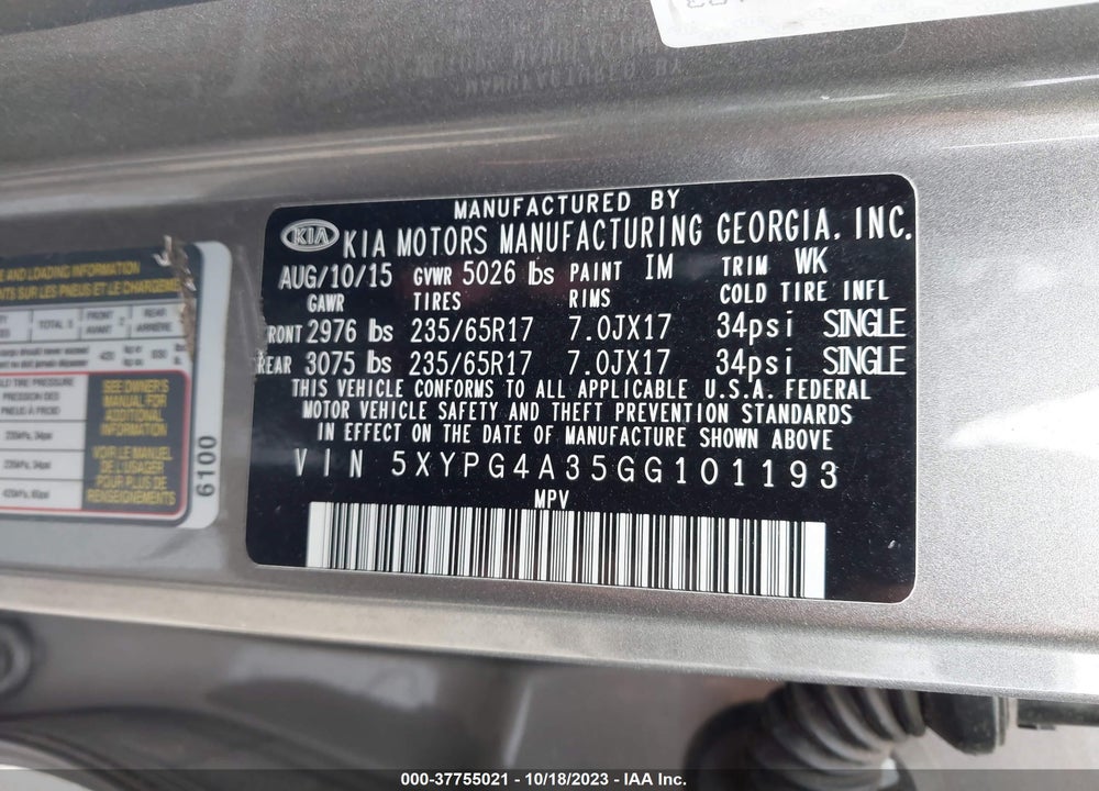 2016 KIA SORENTO 2.4L L VIN: 5XYPG4A35GG101193