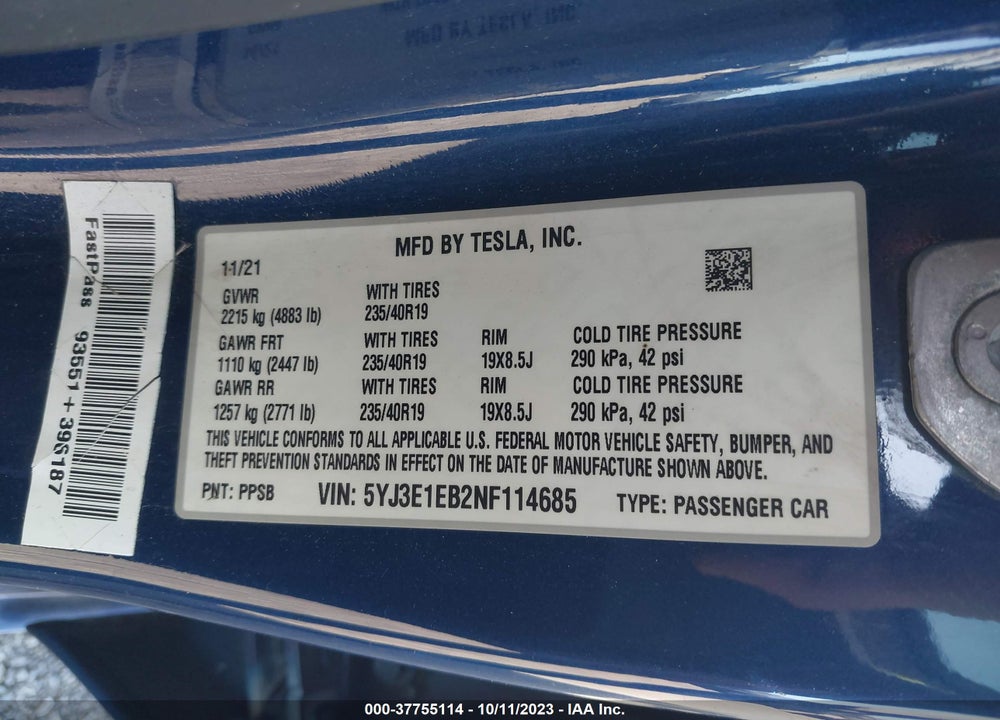 2022 TESLA MODEL 3 LONG RANGE DUAL MOTOR ALL-WHEEL DRIVE VIN: 5YJ3E1EB2NF114685