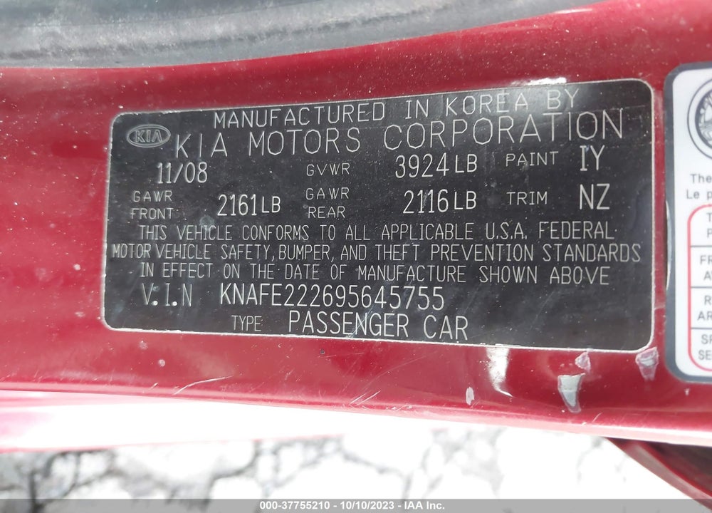 2009 KIA SPECTRA EX VIN: KNAFE222695645755