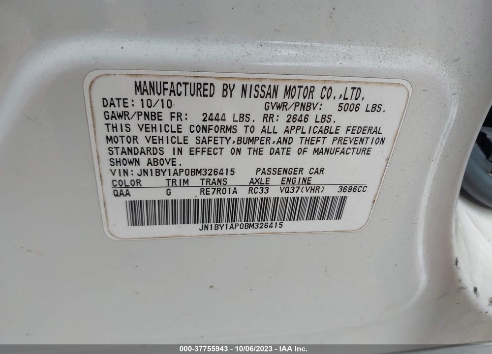 2011 INFINITI M37 VIN: JN1BY1AP0BM326415