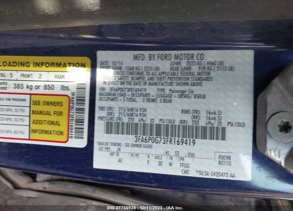 2015 FORD FUSION S VIN: 3FA6P0G73FR169419