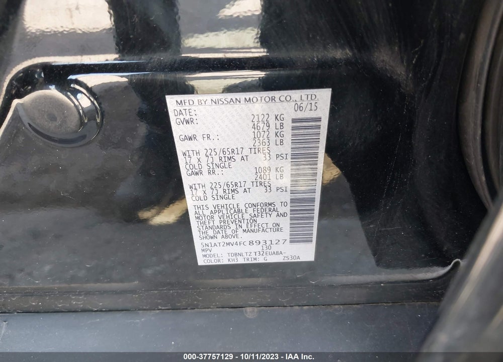 2015 NISSAN ROGUE SV VIN: 5N1AT2MV4FC893127