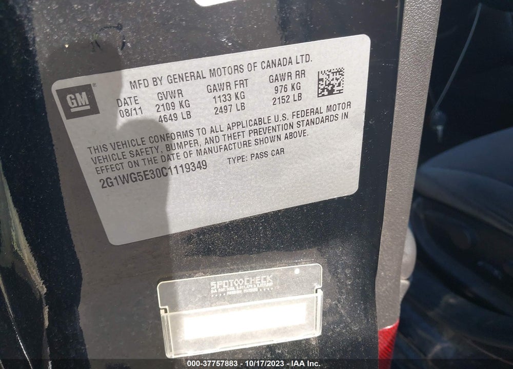 2012 CHEVROLET IMPALA LT VIN: 2G1WG5E30C1119349