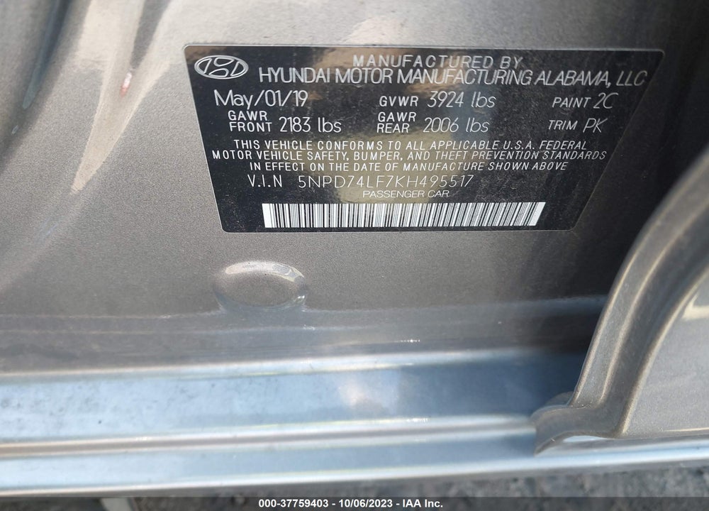 2019 HYUNDAI ELANTRA SE VIN: 5NPD74LF7KH495517
