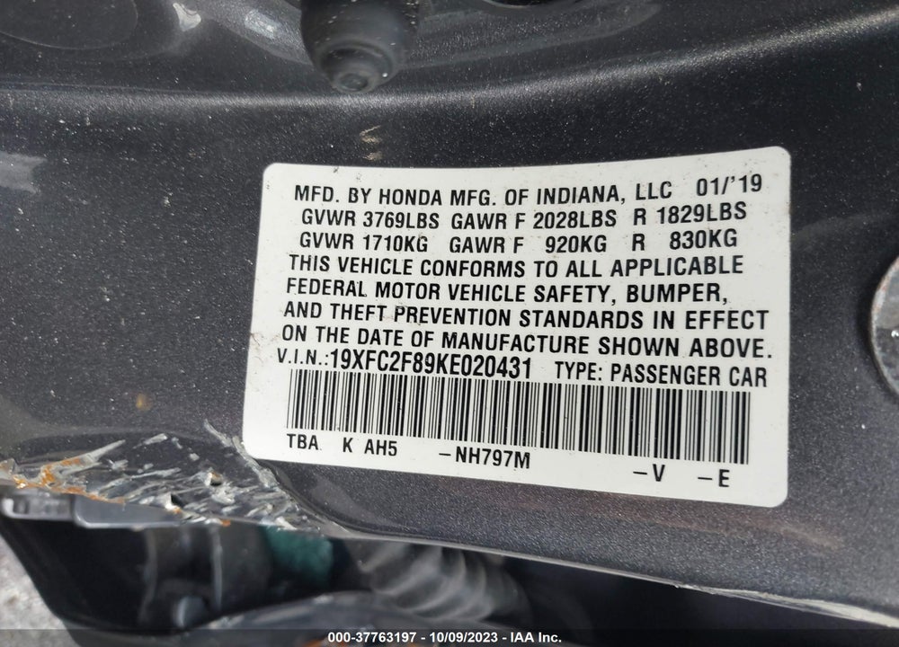 2019 HONDA CIVIC SPORT VIN: 19XFC2F89KE020431
