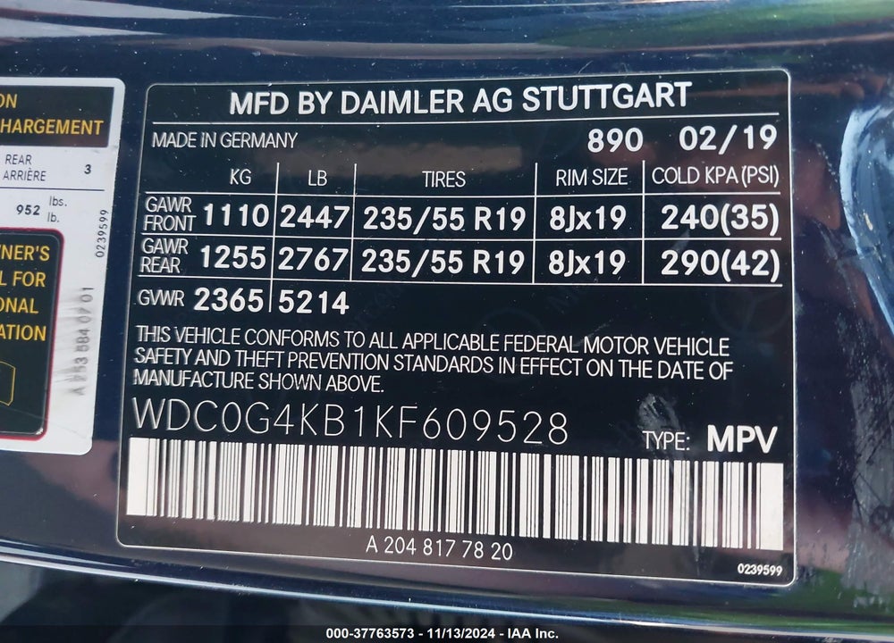 2019 MERCEDES-BENZ GLC 300 VIN: WDC0G4KB1KF609528
