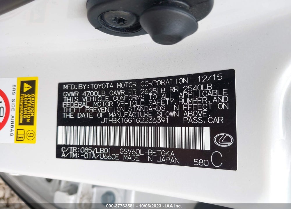 2016 LEXUS ES 350 VIN: JTHBK1GG1G2236391