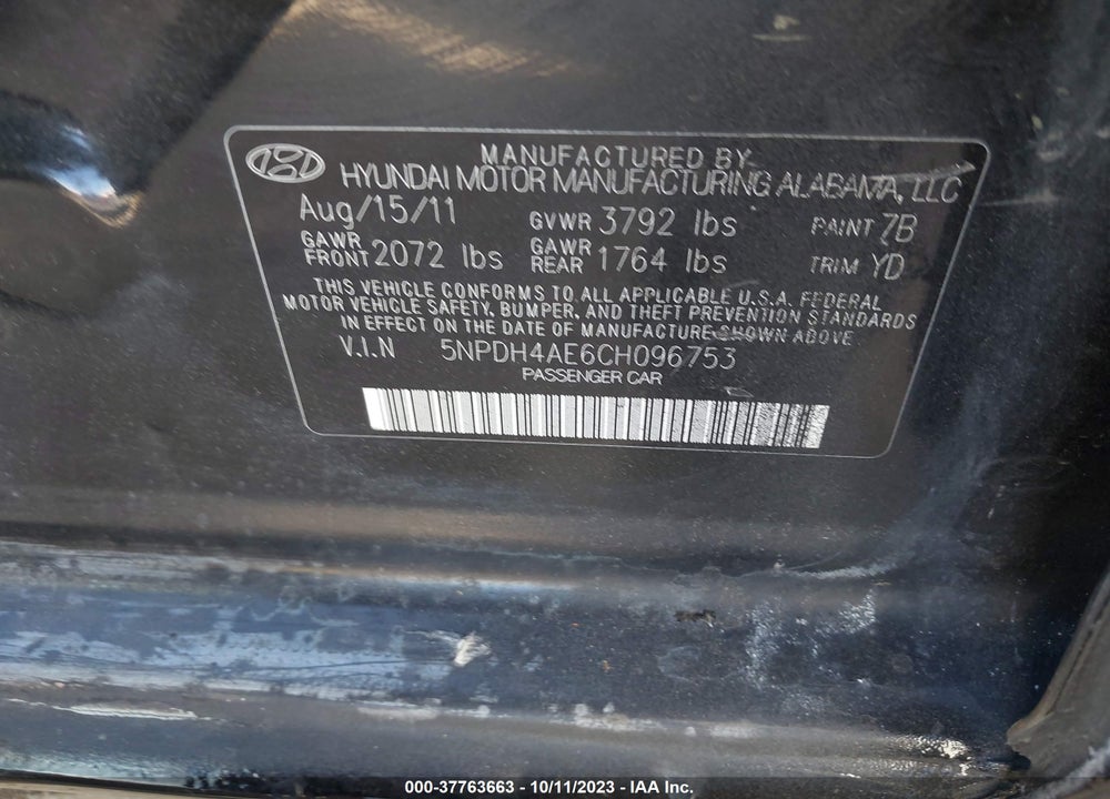 2012 HYUNDAI ELANTRA VIN: 5NPDH4AE6CH096753