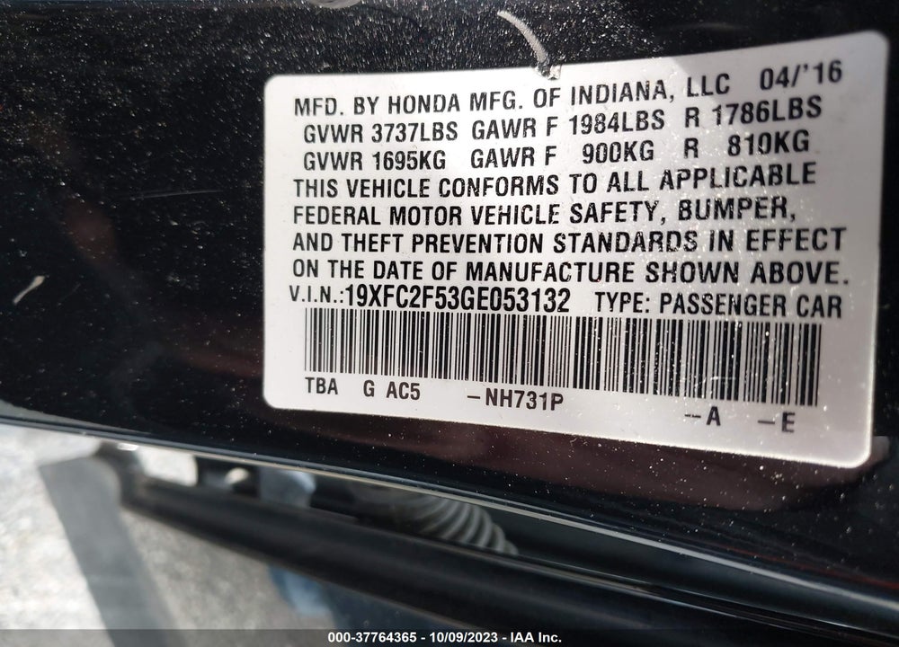 2016 HONDA CIVIC LX VIN: 19XFC2F53GE053132