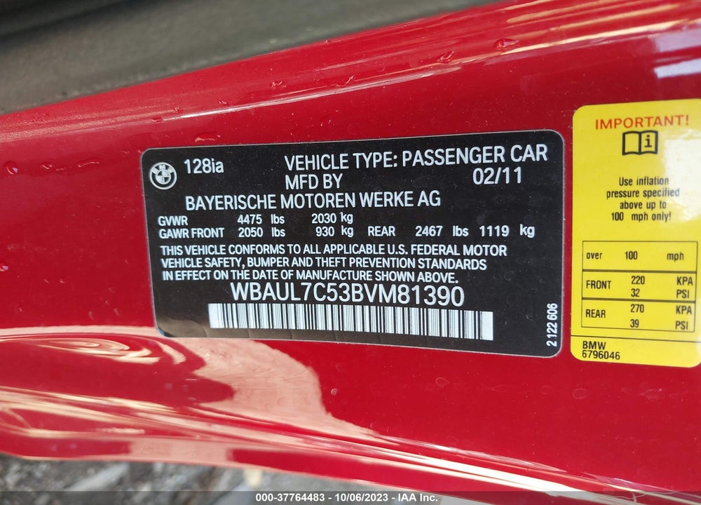 2011 BMW 128I VIN: WBAUL7C53BVM81390