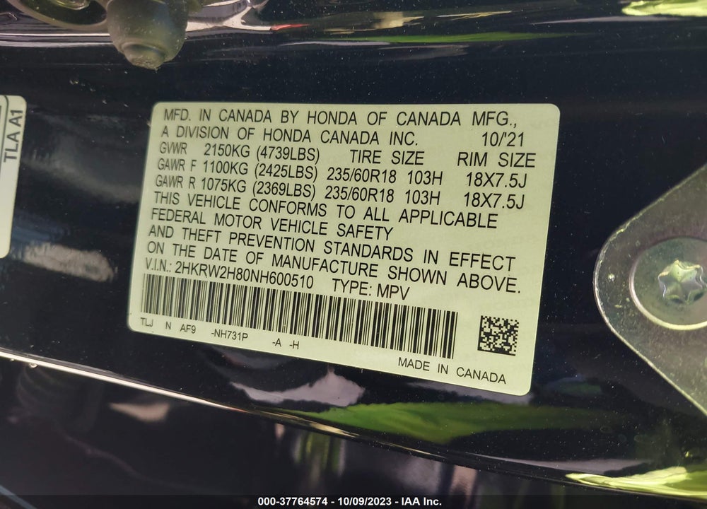 2022 HONDA CR-V AWD EX-L VIN: 2HKRW2H80NH600510