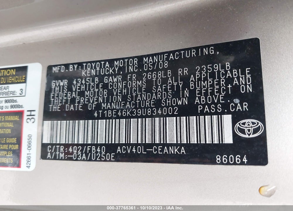 2009 TOYOTA CAMRY LE VIN: 4T1BE46K39U834002