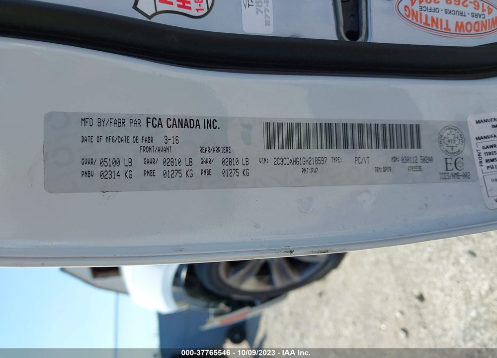 2016 DODGE CHARGER SXT VIN: 2C3CDXHG1GH218597