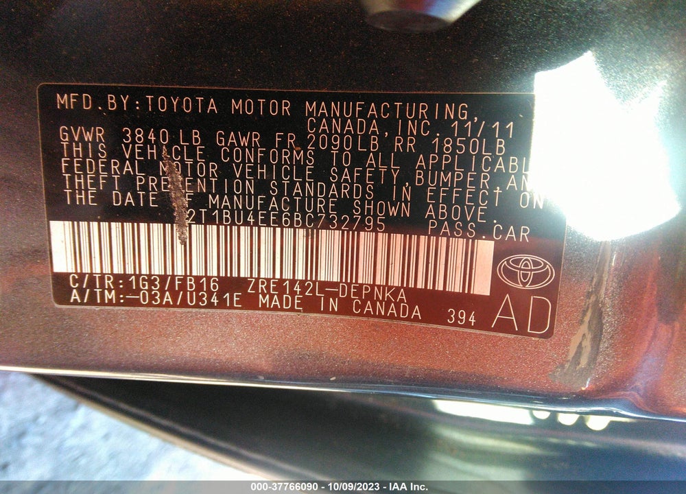 2011 TOYOTA COROLLA LE VIN: 2T1BU4EE6BC732795