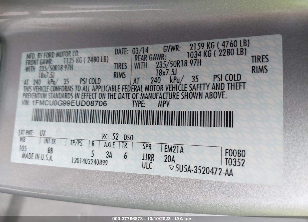 2014 FORD ESCAPE SE VIN: 1FMCU0G99EUD08706