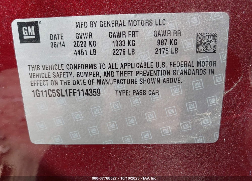 2015 CHEVROLET MALIBU 1LT VIN: 1G11C5SL1FF114359