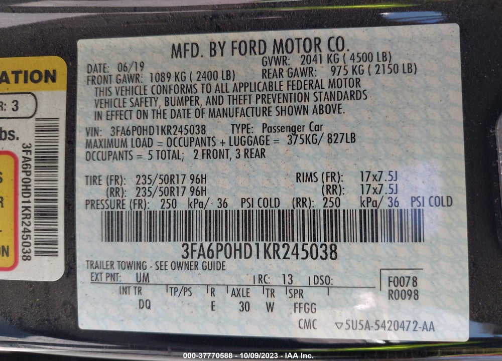 2019 FORD FUSION SE VIN: 3FA6P0HD1KR245038