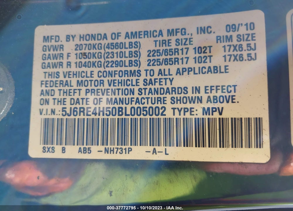2011 HONDA CR-V EX VIN: 5J6RE4H50BL005002