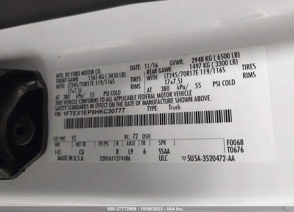 2017 FORD F-150 XL VIN: 1FTEX1EP9HKC30777