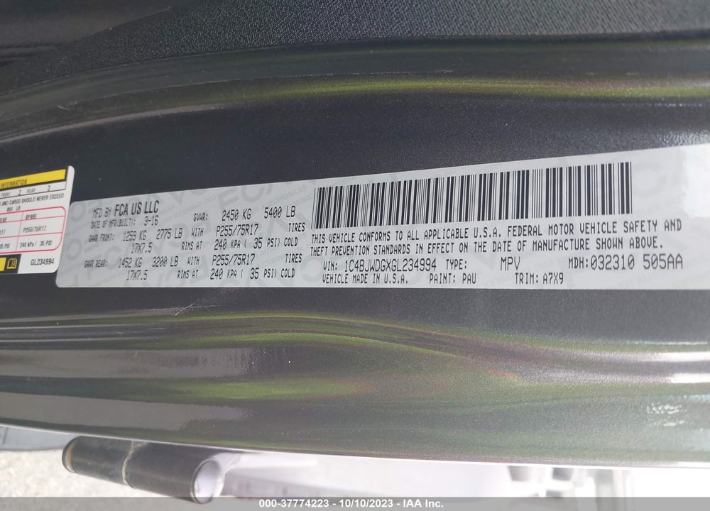 2016 JEEP WRANGLER UNLIMITED SPORT VIN: 1C4BJWDGXGL234994