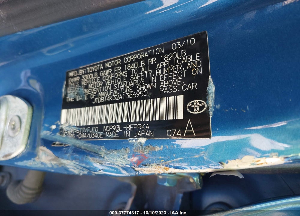 2010 TOYOTA YARIS VIN: JTDBT4K32A1386950