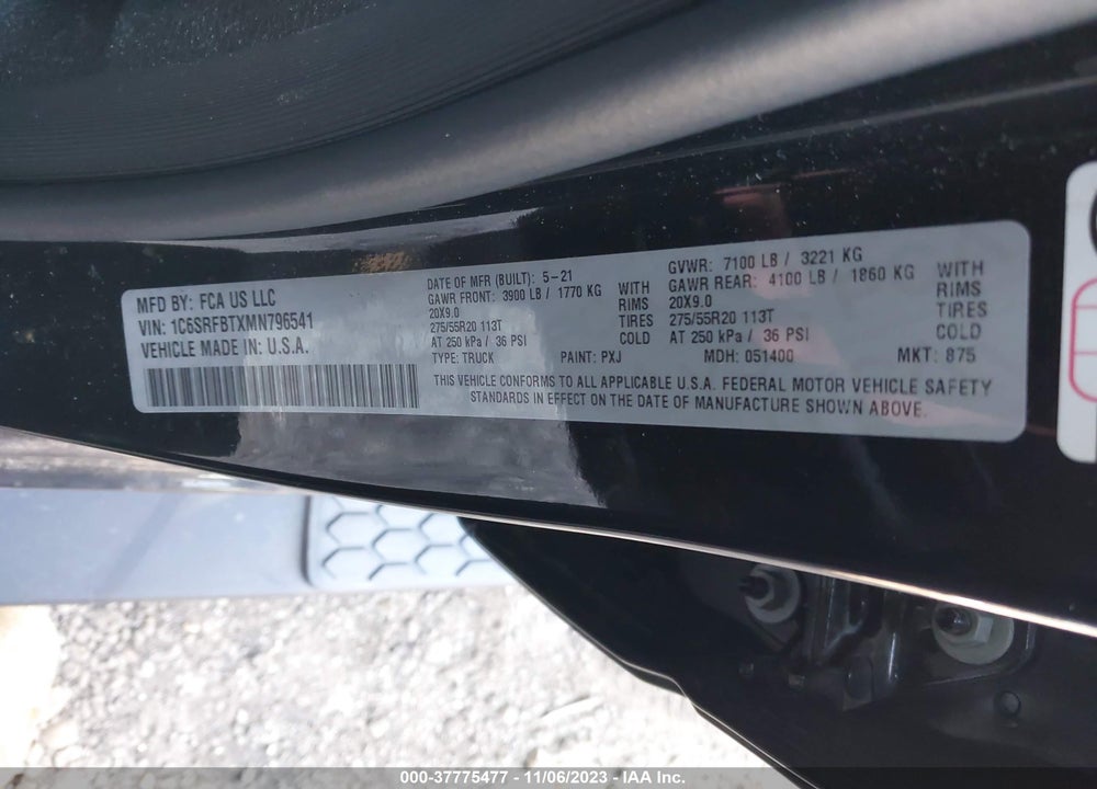 2021 RAM 1500 BIG HORN 4X4 6'4 BOX VIN: 1C6SRFBTXMN796541
