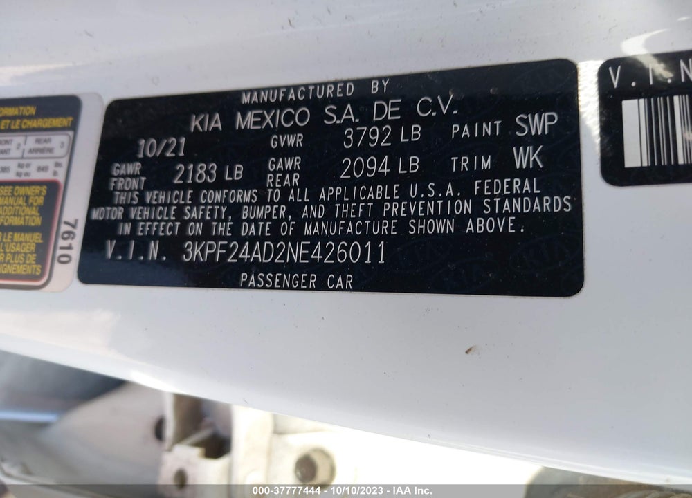 2022 KIA FORTE LXS VIN: 3KPF24AD2NE426011