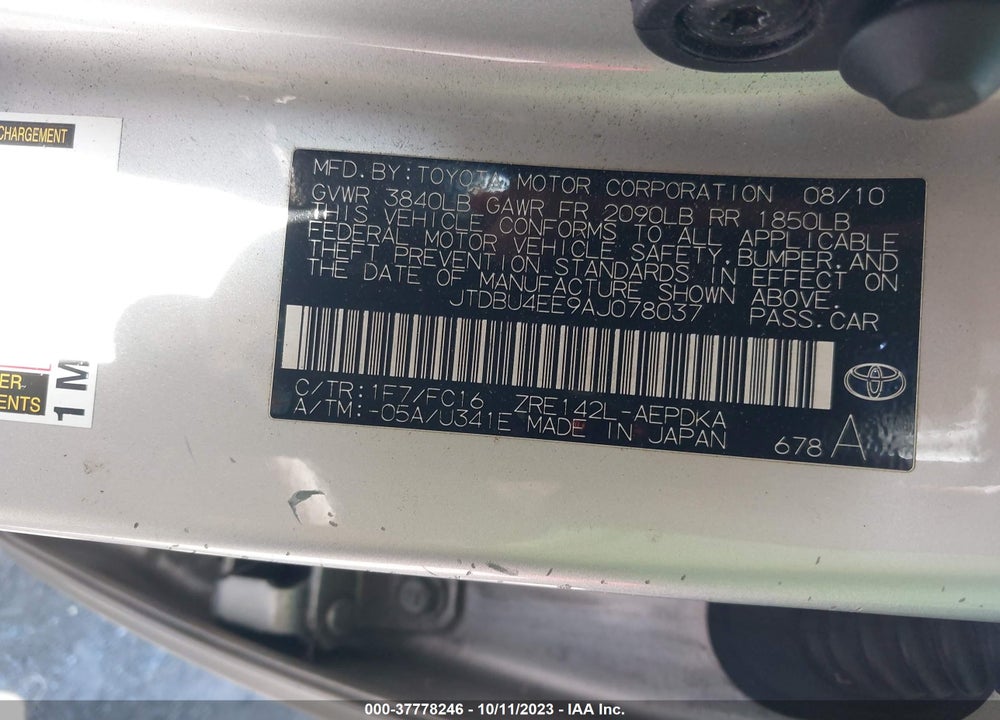 2010 TOYOTA COROLLA XLE/LE/S VIN: JTDBU4EE9AJ078037