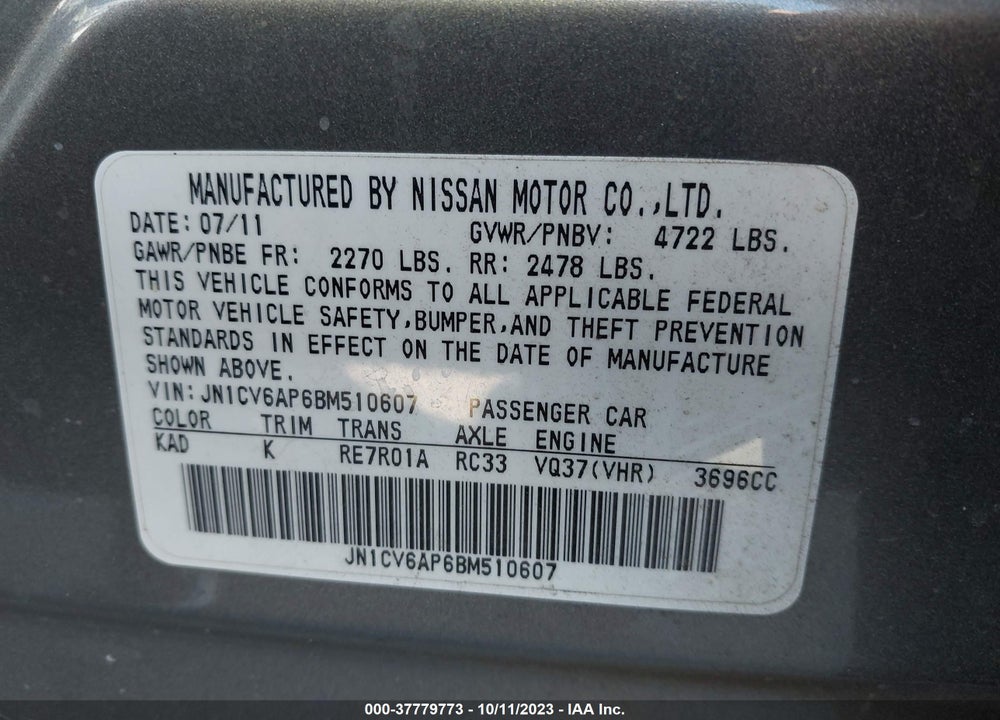 2011 INFINITI G37 JOURNEY VIN: JN1CV6AP6BM510607