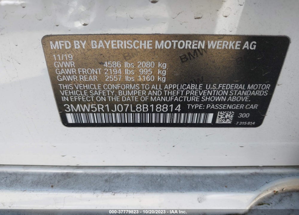 2020 BMW 3 SERIES VIN: 3MW5R1J07L8B18814