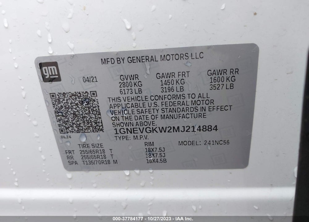 2021 CHEVROLET TRAVERSE AWD LT CLOTH VIN: 1GNEVGKW2MJ214884