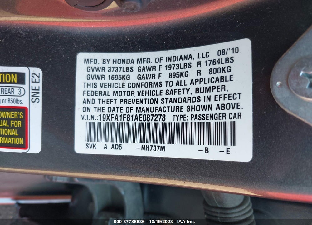 2010 HONDA CIVIC EX VIN: 19XFA1F81AE087278