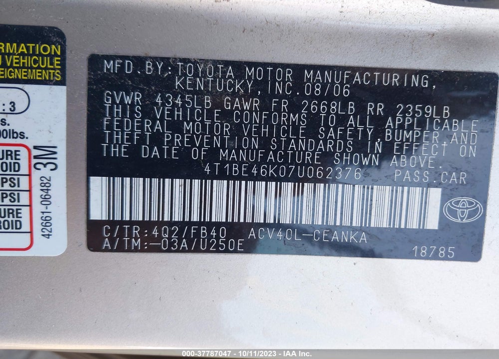 2007 TOYOTA CAMRY LE VIN: 4T1BE46K07U062376