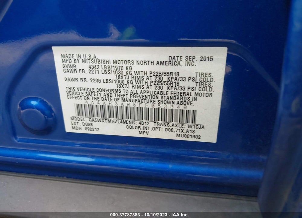 2015 MITSUBISHI OUTLANDER SPORT ES VIN: 4A4AR3AW8FE053340