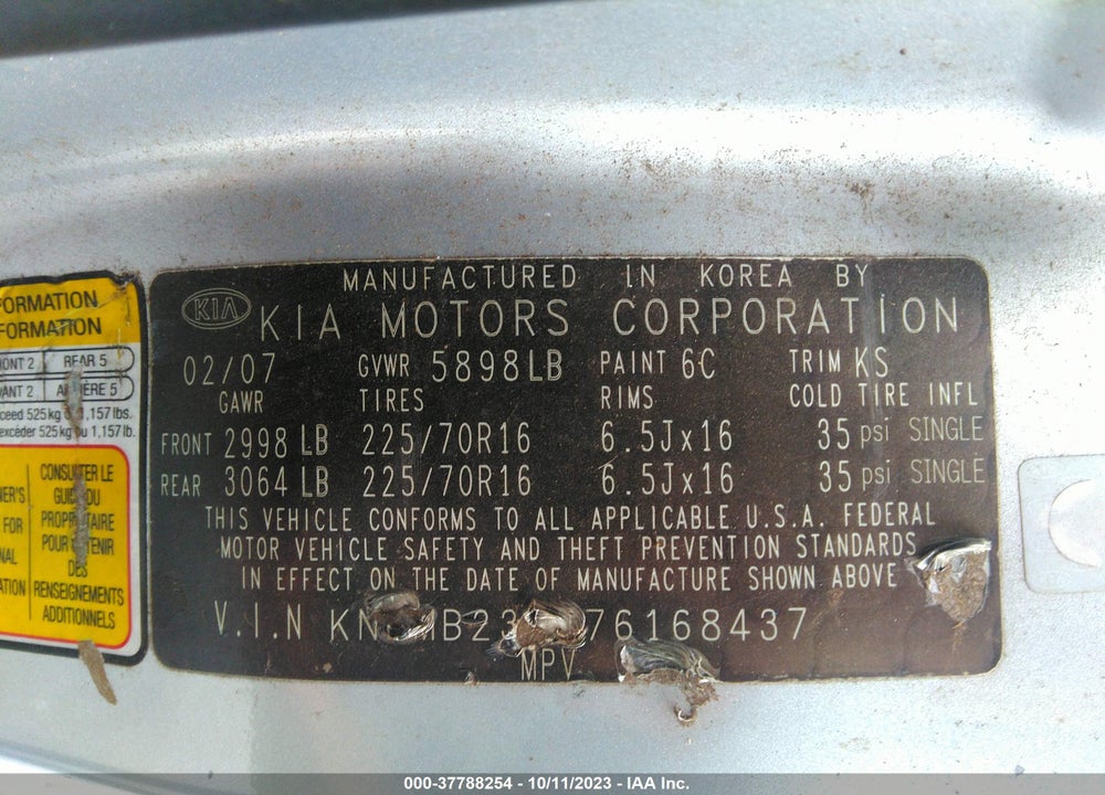 2007 KIA SEDONA LX VIN: KNDMB233476168437