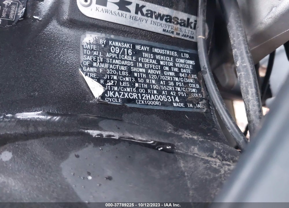 2017 KAWASAKI ZX1000 R VIN: JKAZXCR12HA005314