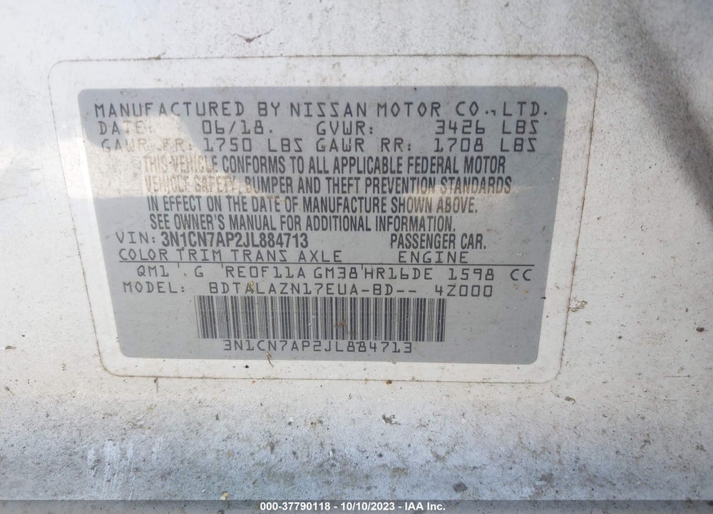 2018 NISSAN VERSA VIN: 3N1CN7AP2JL884713
