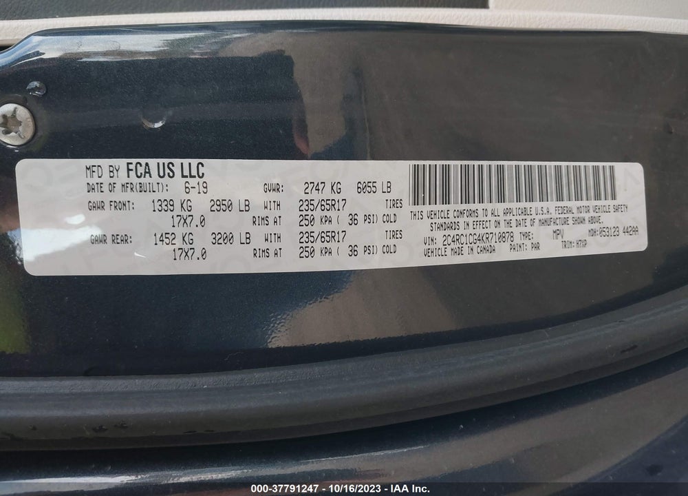 2019 CHRYSLER PACIFICA LX VIN: 2C4RC1CG4KR710878