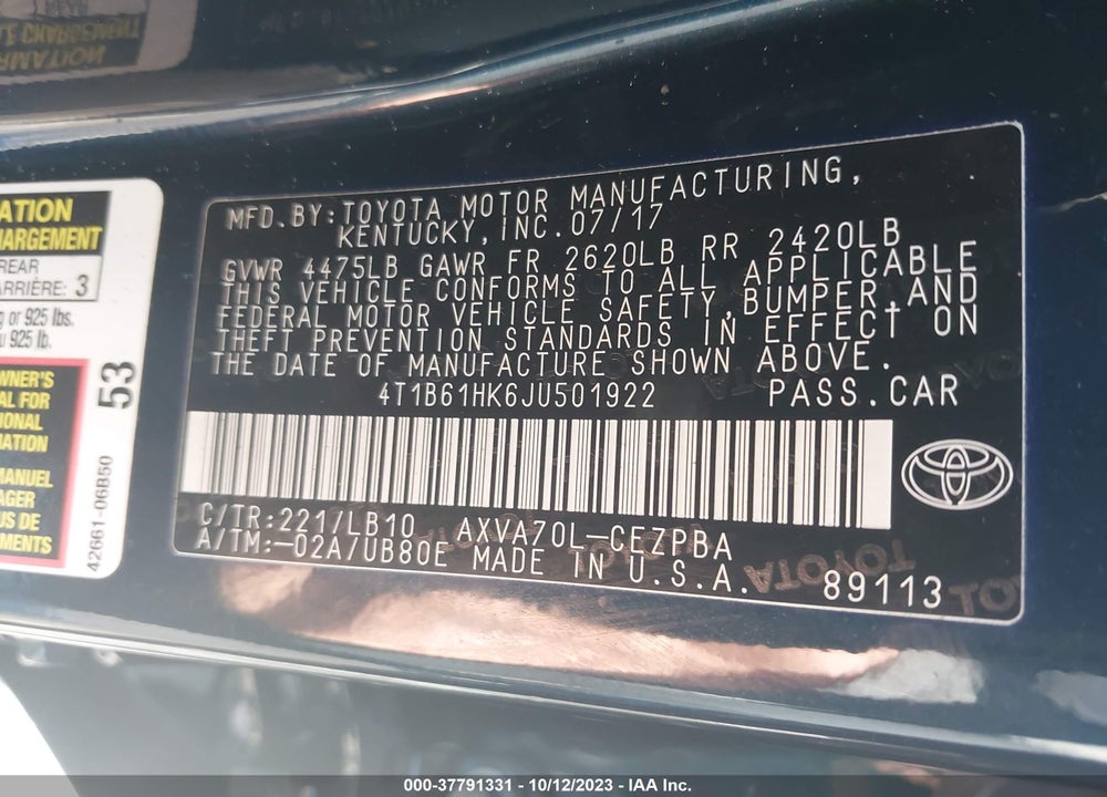 2018 TOYOTA CAMRY XSE VIN: 4T1B61HK6JU501922