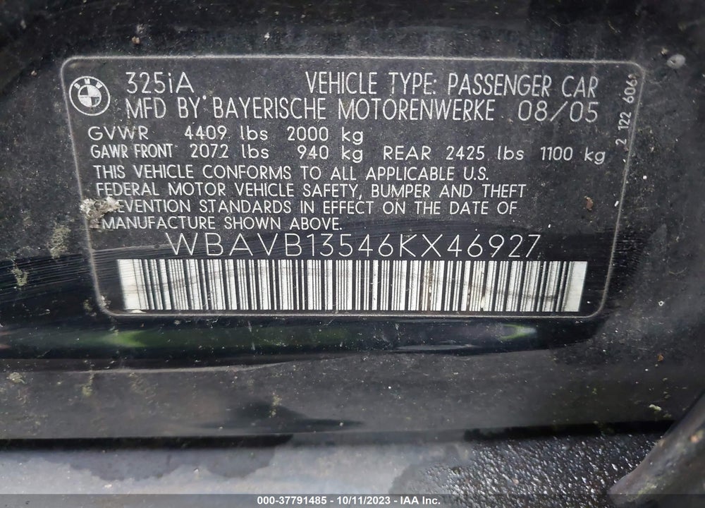 2006 BMW 325I VIN: WBAVB13546KX46927