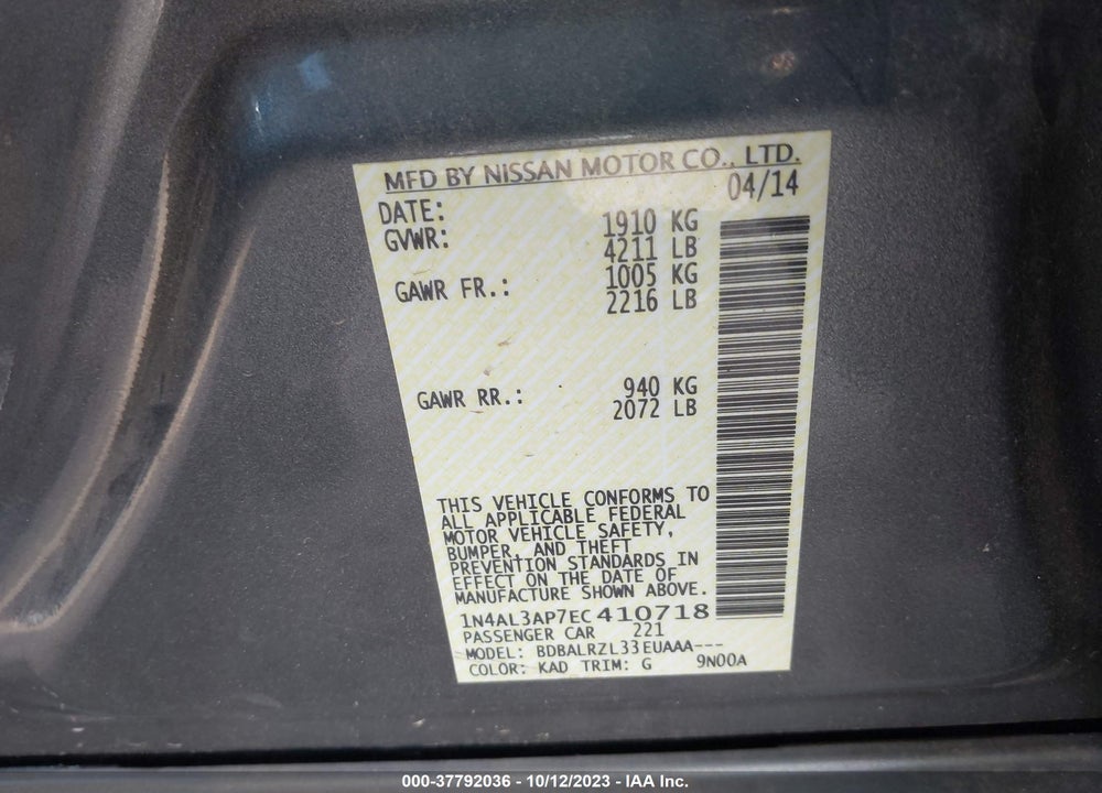 2014 NISSAN ALTIMA 2.5 SL/2.5 SV/2.5/2.5 S VIN: 1N4AL3AP7EC410718