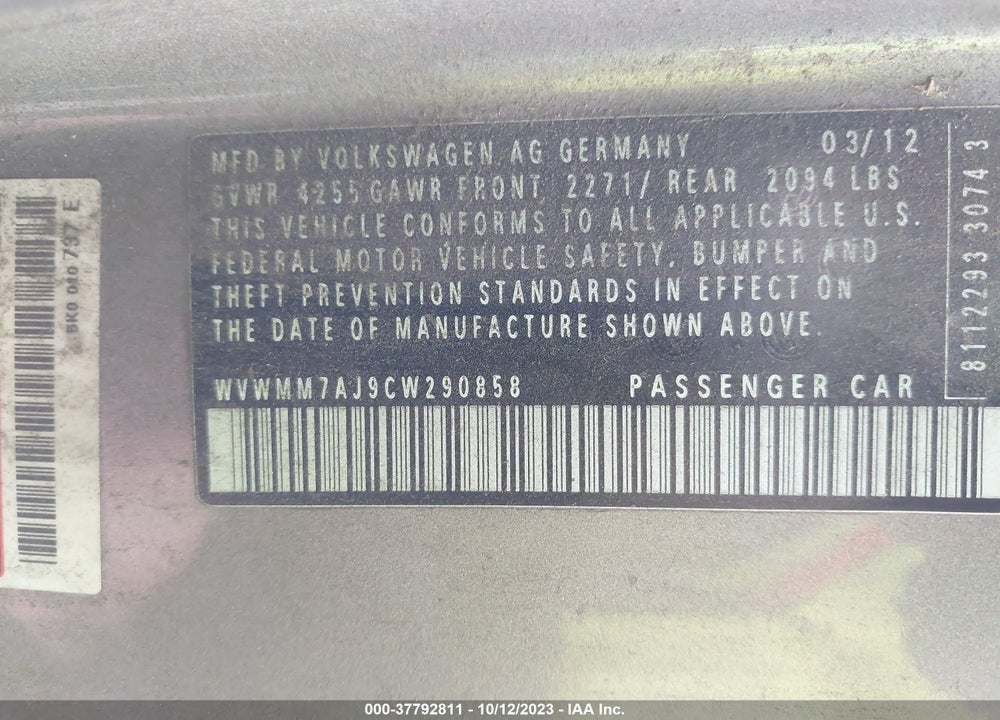 2012 VOLKSWAGEN GOLF TDI 2-DOOR VIN: WVWMM7AJ9CW290858