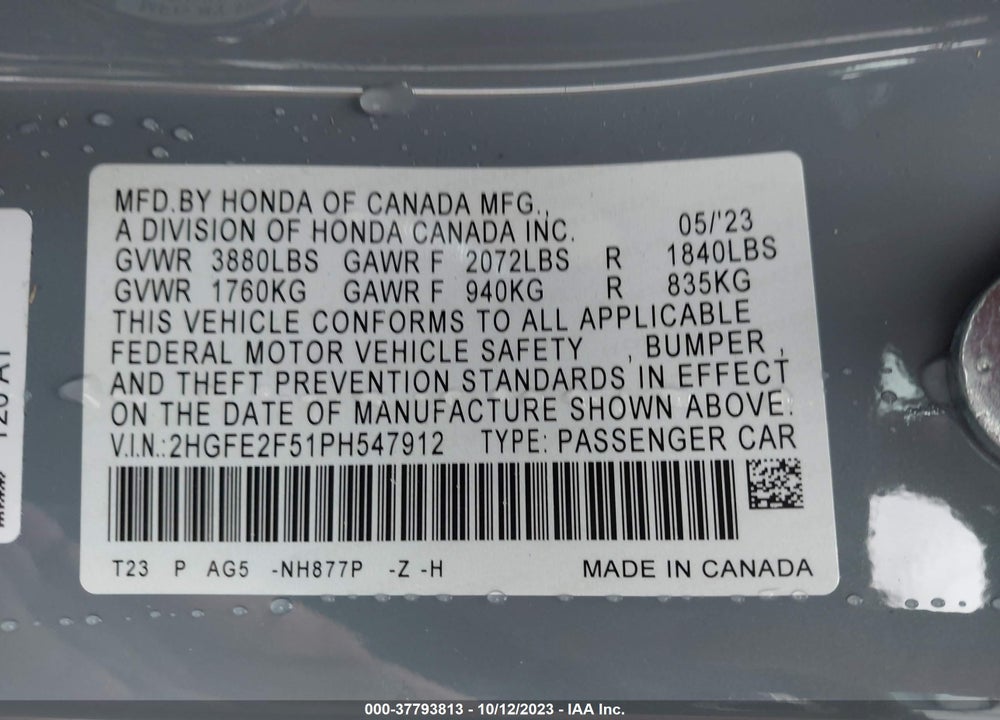 2023 HONDA CIVIC SPORT VIN: 2HGFE2F51PH547912